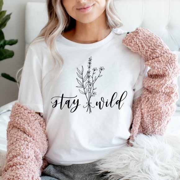 Stay Wild Wildflower Boho Bohemian Graphic T-shirt Unisex Cotton Graphic Tee - Picture 2 of 4